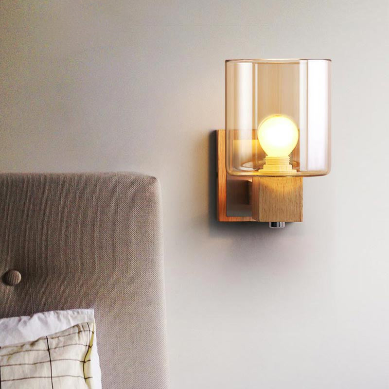 Cognac Glass Cylinder Wall Light Fixture Nordic Style 1 Light Mini Wall Sconce Light in Wood Clearhalo 'Cast Iron' 'Glass' 'Industrial' 'Modern wall lights' 'Modern' 'Tiffany' 'Traditional wall lights' 'Wall Lamps & Sconces' 'Wall Lights' Lighting' 370170