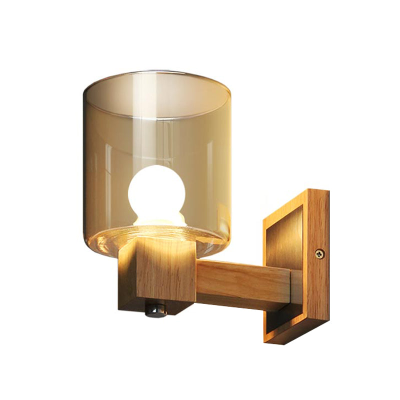 Cognac Glass Cylinder Wall Light Fixture Nordic Style 1 Light Mini Wall Sconce Light in Wood - Clearhalo - 'Cast Iron' - 'Glass' - 'Industrial' - 'Modern wall lights' - 'Modern' - 'Tiffany' - 'Traditional wall lights' - 'Wall Lamps & Sconces' - 'Wall Lights' - Lighting' - 370171