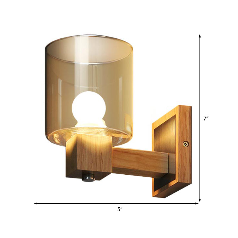 Cognac Glass Cylinder Wall Light Fixture Nordic Style 1 Light Mini Wall Sconce Light in Wood - Clearhalo - 'Cast Iron' - 'Glass' - 'Industrial' - 'Modern wall lights' - 'Modern' - 'Tiffany' - 'Traditional wall lights' - 'Wall Lamps & Sconces' - 'Wall Lights' - Lighting' - 370172
