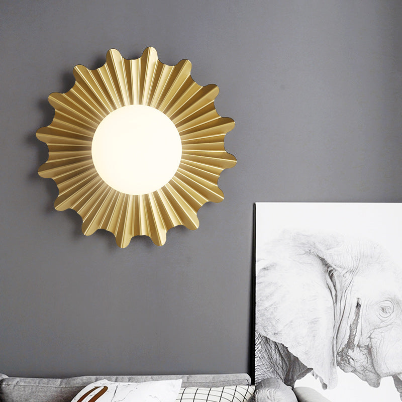 White Glass Sphere Wall Light with Brass Scalloped Backplate 1 Heads Modern Wall Mounted Light Clearhalo 'Cast Iron' 'Glass' 'Industrial' 'Modern wall lights' 'Modern' 'Tiffany' 'Traditional wall lights' 'Vanity Lights' 'Wall Lights' Lighting' 370174
