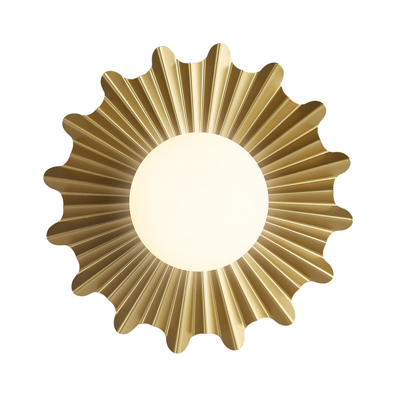 White Glass Sphere Wall Light with Brass Scalloped Backplate 1 Heads Modern Wall Mounted Light Clearhalo 'Cast Iron' 'Glass' 'Industrial' 'Modern wall lights' 'Modern' 'Tiffany' 'Traditional wall lights' 'Vanity Lights' 'Wall Lights' Lighting' 370175