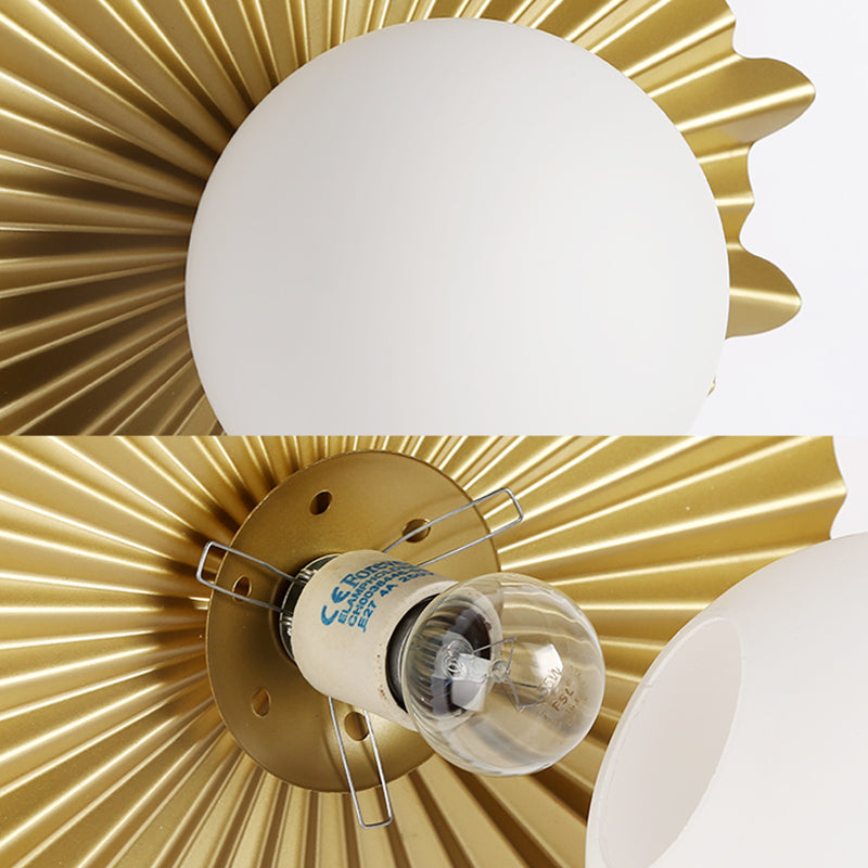 White Glass Sphere Wall Light with Brass Scalloped Backplate 1 Heads Modern Wall Mounted Light Clearhalo 'Cast Iron' 'Glass' 'Industrial' 'Modern wall lights' 'Modern' 'Tiffany' 'Traditional wall lights' 'Vanity Lights' 'Wall Lights' Lighting' 370178