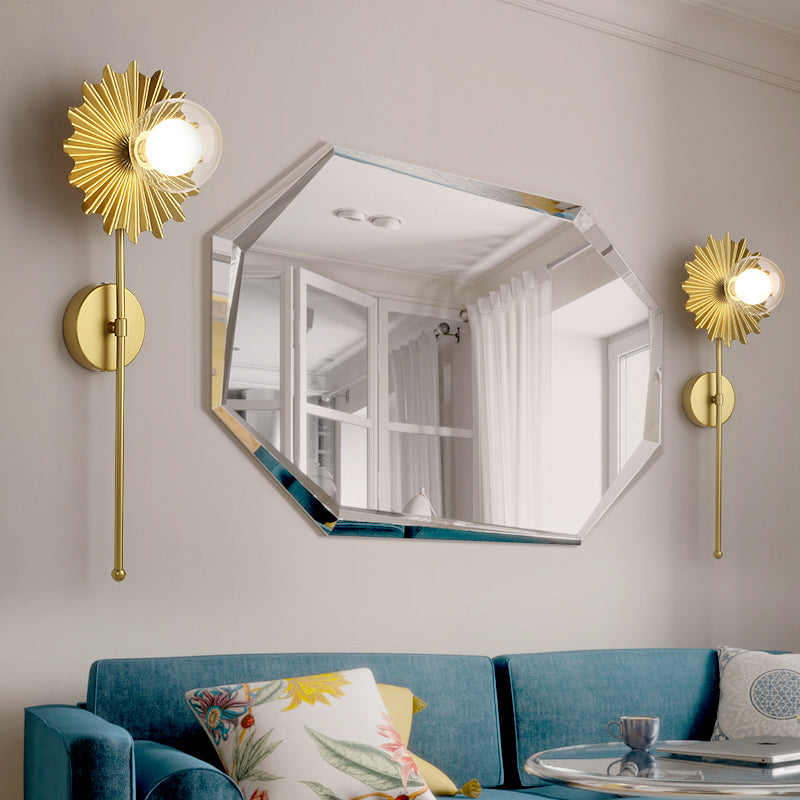 Brass Torch Wall Sconce Light 1 Light Metal and Clear Glass Mid Century Modern Wall Lamp Brass Clearhalo 'Cast Iron' 'Glass' 'Industrial' 'Modern wall lights' 'Modern' 'Tiffany' 'Traditional wall lights' 'Vanity Lights' 'Wall Lights' Lighting' 370179