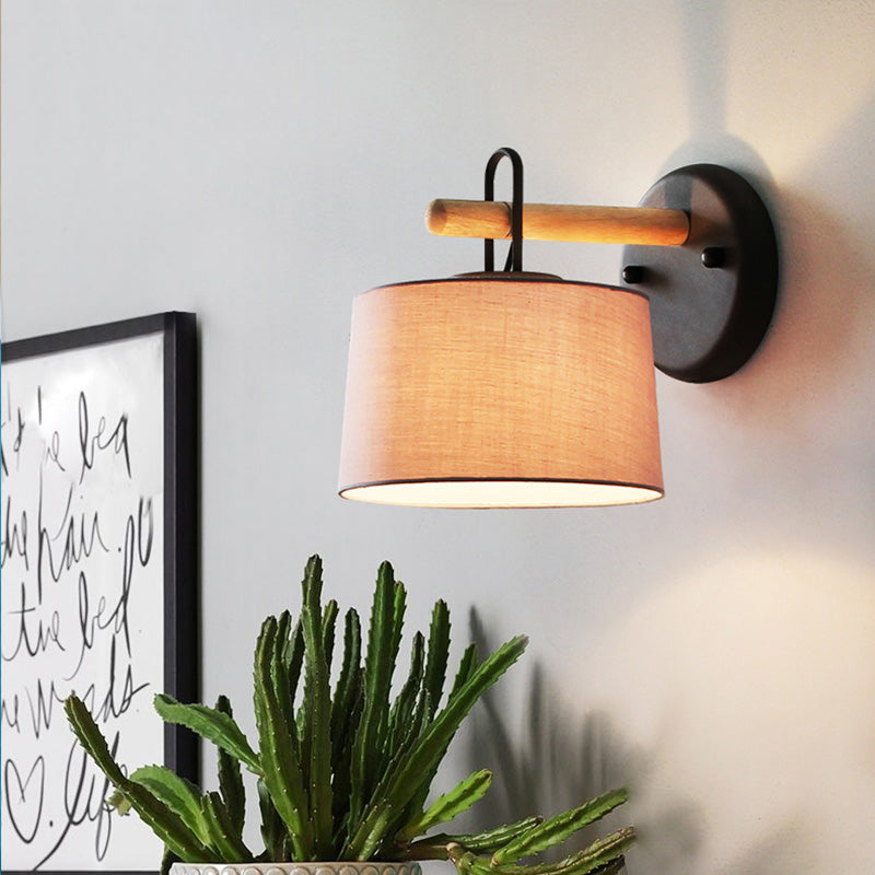 1 Bulb Drum Shade Wall Lighting Fixture Modernist Fabric Bedroom Wall Lamp in Grey Clearhalo 'Modern wall lights' 'Modern' 'Wall Lamps & Sconces' 'Wall Lights' Lighting' 370281