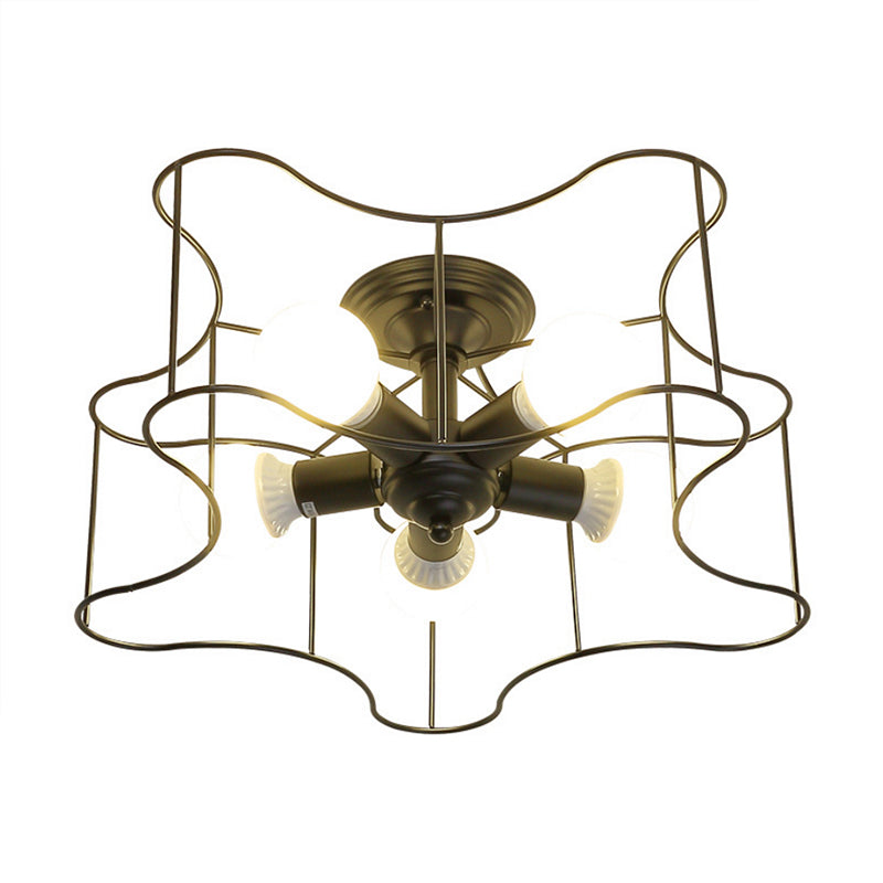 Star Shaped Metal Semi Flush Industrial 5-Bulb Living Room Light Fixture in Black/White with Cage Clearhalo 'Ceiling Lights' 'Close To Ceiling Lights' 'Close to ceiling' 'Semi-flushmount' Lighting' 370389