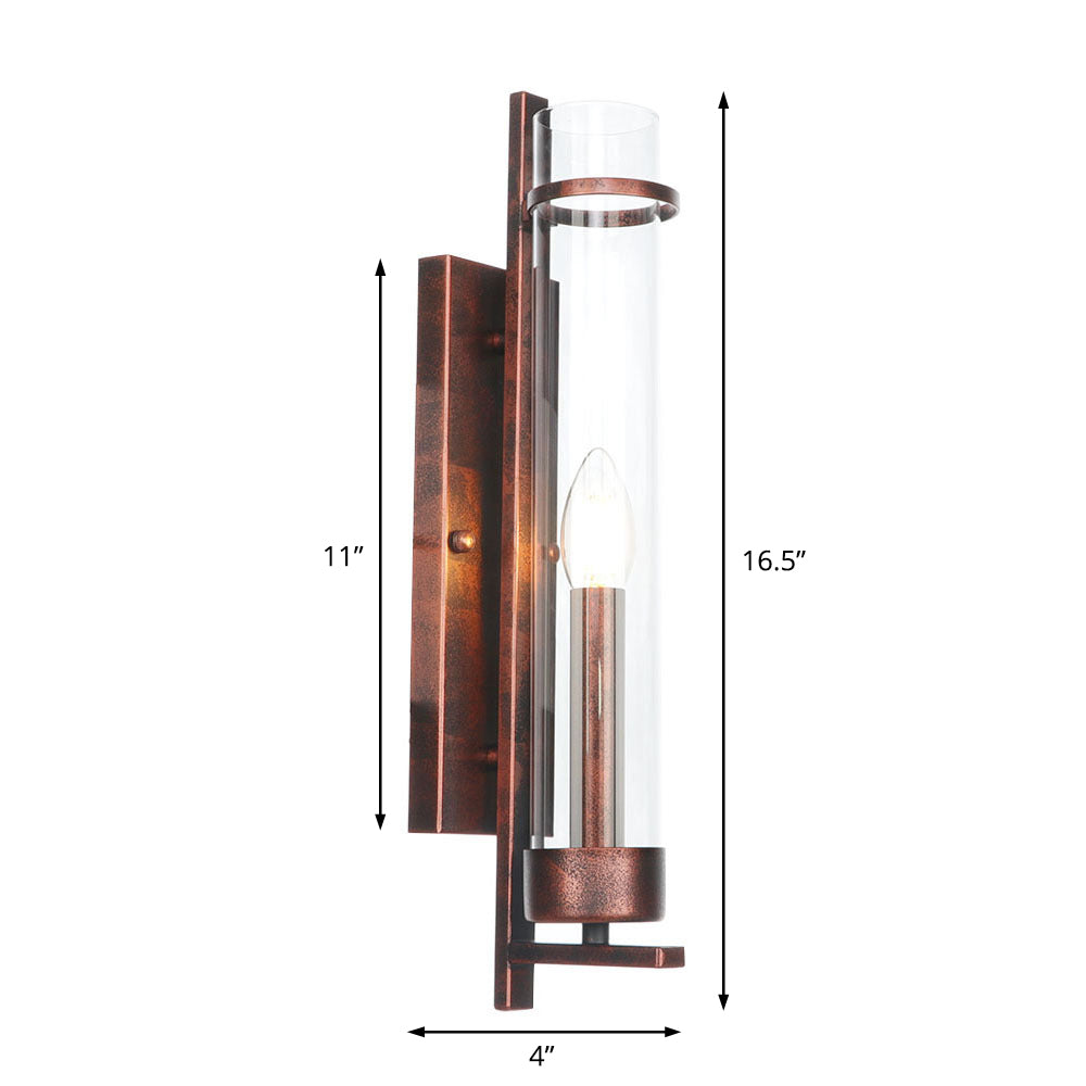 1 Light Tubular/Tube/Cylinder Wall Lamp Industrial Rust Clear Glass Sconce Light Fixture for Dining Room Clearhalo 'Art deco wall lights' 'Cast Iron' 'Glass' 'Industrial wall lights' 'Industrial' 'Middle century wall lights' 'Modern' 'Rustic wall lights' 'Tiffany' 'Traditional wall lights' 'Wall Lamps & Sconces' 'Wall Lights' Lighting' 370525