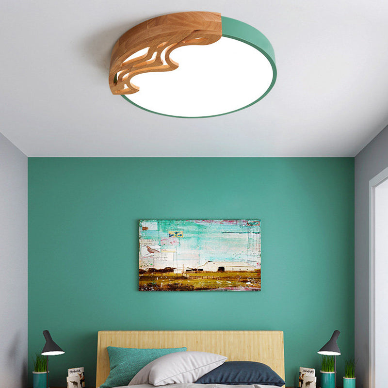 Thin Round Acrylic Flushmount Nordic White/Grey/Green LED Ceiling Lighting with Wavy Wood Pattern, White Light/Remote Control Stepless Dimming Green Clearhalo 'Ceiling Lights' 'Close To Ceiling Lights' 'Close to ceiling' 'Flush mount' Lighting' 370942