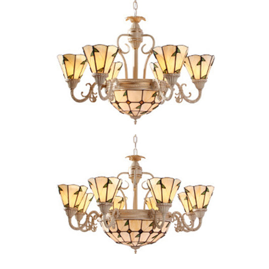 Tiffany Cone Pendant Light 9/11 Lights Stained Glass Chandelier in Beige with Leaf Pattern Clearhalo 'Ceiling Lights' 'Chandeliers' 'Industrial' 'Middle Century Chandeliers' 'Tiffany Chandeliers' 'Tiffany close to ceiling' 'Tiffany' Lighting' 37136