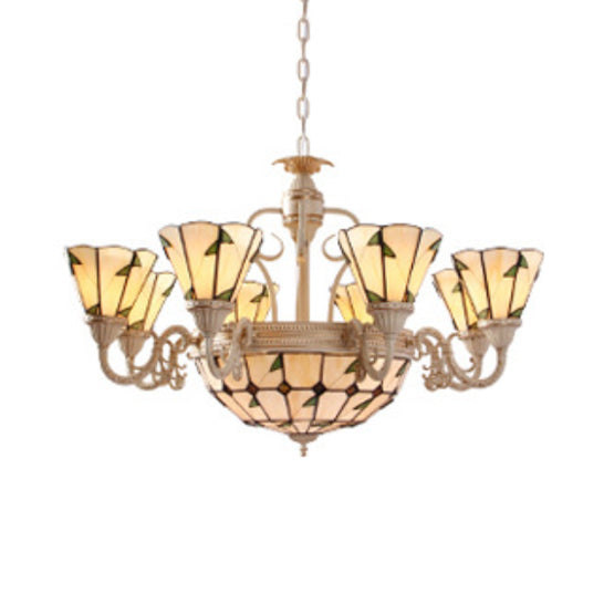Tiffany Cone Pendant Light 9/11 Lights Stained Glass Chandelier in Beige with Leaf Pattern Clearhalo 'Ceiling Lights' 'Chandeliers' 'Industrial' 'Middle Century Chandeliers' 'Tiffany Chandeliers' 'Tiffany close to ceiling' 'Tiffany' Lighting' 37139