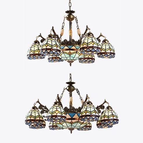Stained Glass Bowl-Shaped Pendant Light Fixture Baroque 9/11 Lights Blue Hanging Chandelier for Bedroom Clearhalo 'Ceiling Lights' 'Chandeliers' 'Industrial' 'Middle Century Chandeliers' 'Tiffany Chandeliers' 'Tiffany close to ceiling' 'Tiffany' Lighting' 37143