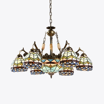 Stained Glass Bowl-Shaped Pendant Light Fixture Baroque 9/11 Lights Blue Hanging Chandelier for Bedroom Clearhalo 'Ceiling Lights' 'Chandeliers' 'Industrial' 'Middle Century Chandeliers' 'Tiffany Chandeliers' 'Tiffany close to ceiling' 'Tiffany' Lighting' 37144