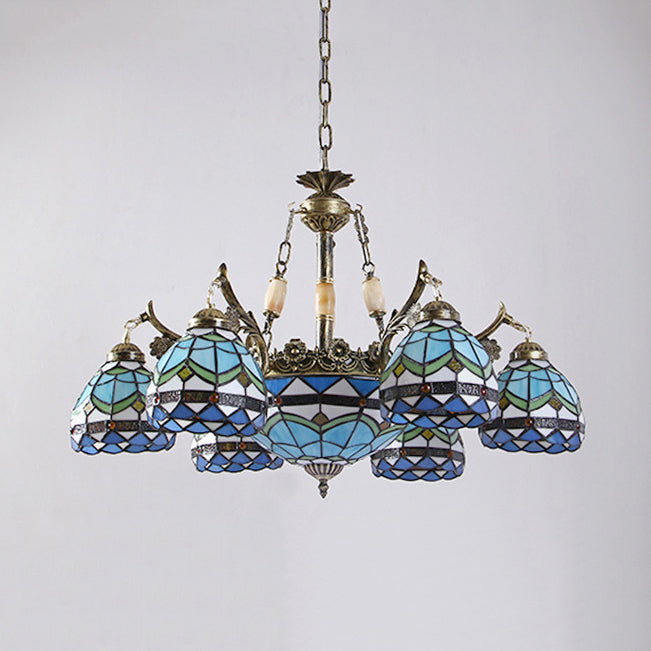 Stained Glass Bowl-Shaped Pendant Light Fixture Baroque 9/11 Lights Blue Hanging Chandelier for Bedroom Clearhalo 'Ceiling Lights' 'Chandeliers' 'Industrial' 'Middle Century Chandeliers' 'Tiffany Chandeliers' 'Tiffany close to ceiling' 'Tiffany' Lighting' 37145