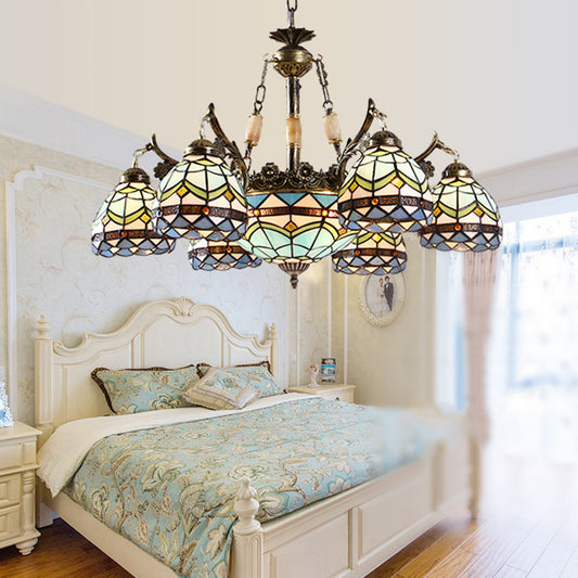 Stained Glass Bowl-Shaped Pendant Light Fixture Baroque 9/11 Lights Blue Hanging Chandelier for Bedroom 9 Blue Clearhalo 'Ceiling Lights' 'Chandeliers' 'Industrial' 'Middle Century Chandeliers' 'Tiffany Chandeliers' 'Tiffany close to ceiling' 'Tiffany' Lighting' 37146