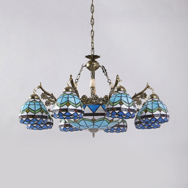 Stained Glass Bowl-Shaped Pendant Light Fixture Baroque 9/11 Lights Blue Hanging Chandelier for Bedroom Clearhalo 'Ceiling Lights' 'Chandeliers' 'Industrial' 'Middle Century Chandeliers' 'Tiffany Chandeliers' 'Tiffany close to ceiling' 'Tiffany' Lighting' 37148