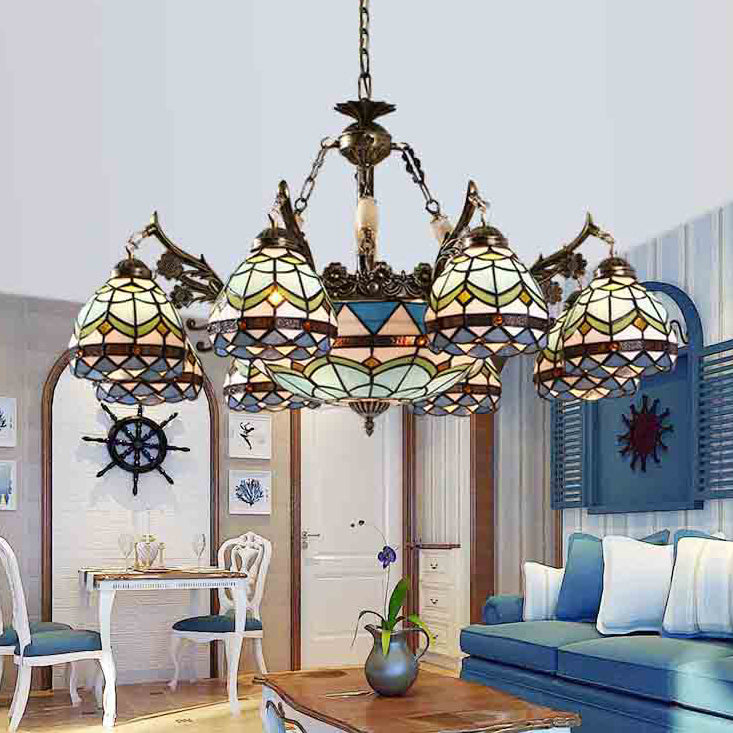 Stained Glass Bowl-Shaped Pendant Light Fixture Baroque 9/11 Lights Blue Hanging Chandelier for Bedroom 11 Blue Clearhalo 'Ceiling Lights' 'Chandeliers' 'Industrial' 'Middle Century Chandeliers' 'Tiffany Chandeliers' 'Tiffany close to ceiling' 'Tiffany' Lighting' 37149