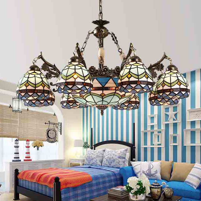 Stained Glass Bowl-Shaped Pendant Light Fixture Baroque 9/11 Lights Blue Hanging Chandelier for Bedroom Clearhalo 'Ceiling Lights' 'Chandeliers' 'Industrial' 'Middle Century Chandeliers' 'Tiffany Chandeliers' 'Tiffany close to ceiling' 'Tiffany' Lighting' 37150