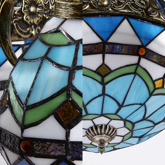 Stained Glass Bowl-Shaped Pendant Light Fixture Baroque 9/11 Lights Blue Hanging Chandelier for Bedroom Clearhalo 'Ceiling Lights' 'Chandeliers' 'Industrial' 'Middle Century Chandeliers' 'Tiffany Chandeliers' 'Tiffany close to ceiling' 'Tiffany' Lighting' 37151