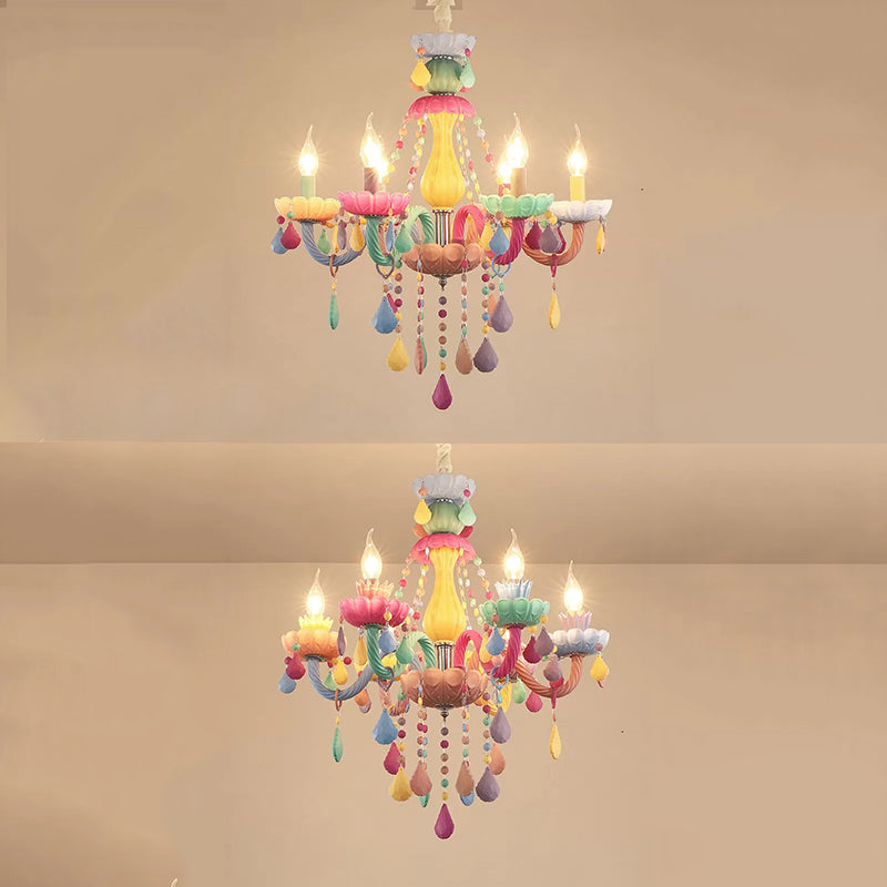 Kids Candle Pendant Light with Crystal Glass 6 Lights Multi-Color Chandelier for Child Bedroom Clearhalo 'Ceiling Lights' 'Chandeliers' 'Glass shade' 'Glass' Lighting' 37153