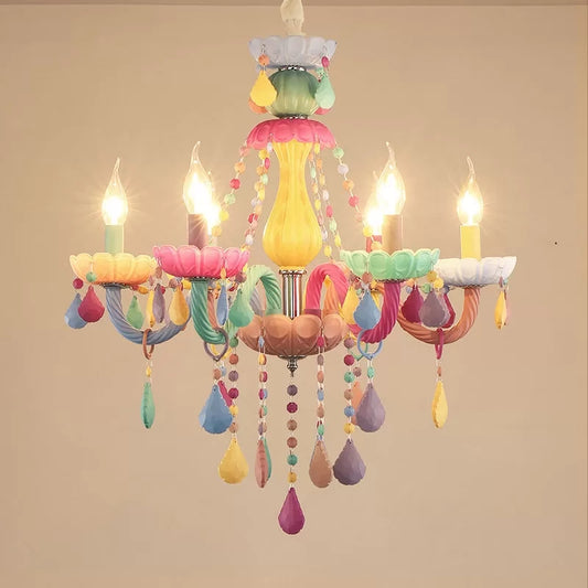 Kids Candle Pendant Light with Crystal Glass 6 Lights Multi-Color Chandelier for Child Bedroom Yellow Shadeless Clearhalo 'Ceiling Lights' 'Chandeliers' 'Glass shade' 'Glass' Lighting' 37154