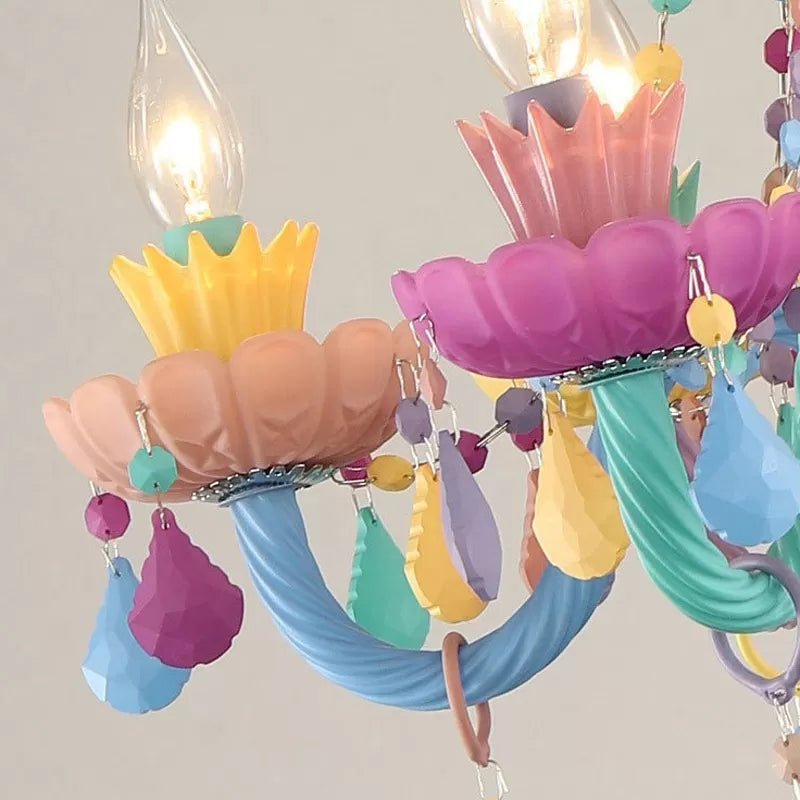 Kids Candle Pendant Light with Crystal Glass 6 Lights Multi-Color Chandelier for Child Bedroom Clearhalo 'Ceiling Lights' 'Chandeliers' 'Glass shade' 'Glass' Lighting' 37157