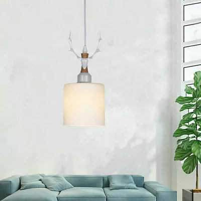 Cloth Shop Antlers Pendant Lamp Opal Glass 1 Bulb Rustic Style Suspension Light White Cylinder Clearhalo 'Ceiling Lights' 'Glass shade' 'Glass' 'Pendant Lights' 'Pendants' Lighting' 37208