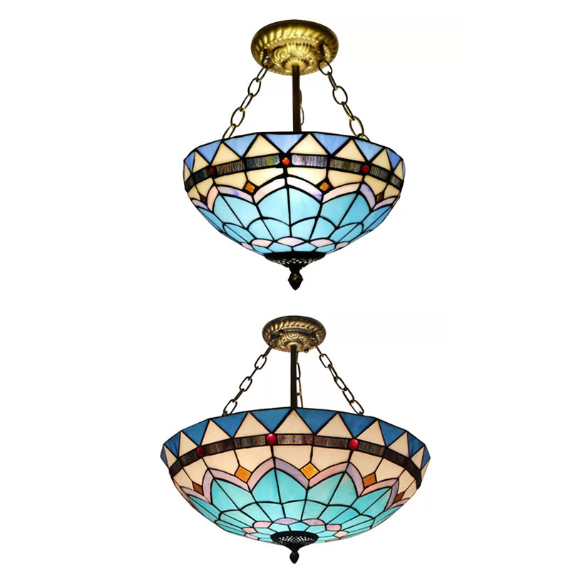 Blue/Sky Blue Glass Bowl Chandelier Light with Scalloped Edge Baroque Style 12"/16"/19.5"/23.5" W Hanging Light in Brass Clearhalo 'Ceiling Lights' 'Close To Ceiling Lights' 'Close to ceiling' 'Glass shade' 'Glass' 'Semi-flushmount' 'Tiffany close to ceiling' 'Tiffany' Lighting' 37576
