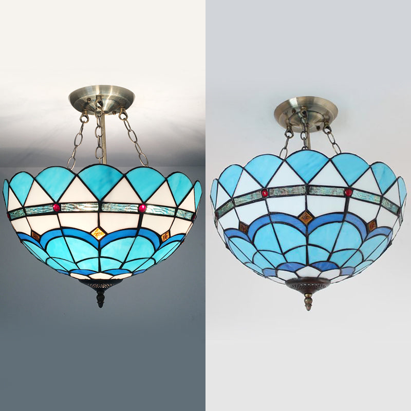 Blue/Sky Blue Glass Bowl Chandelier Light with Scalloped Edge Baroque Style 12"/16"/19.5"/23.5" W Hanging Light in Brass Clearhalo 'Ceiling Lights' 'Close To Ceiling Lights' 'Close to ceiling' 'Glass shade' 'Glass' 'Semi-flushmount' 'Tiffany close to ceiling' 'Tiffany' Lighting' 37585