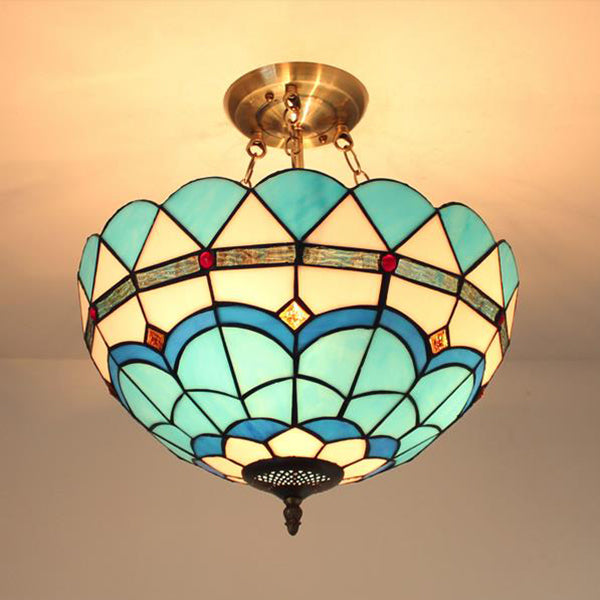 Blue/Sky Blue Glass Bowl Chandelier Light with Scalloped Edge Baroque Style 12"/16"/19.5"/23.5" W Hanging Light in Brass Blue 16" Clearhalo 'Ceiling Lights' 'Close To Ceiling Lights' 'Close to ceiling' 'Glass shade' 'Glass' 'Semi-flushmount' 'Tiffany close to ceiling' 'Tiffany' Lighting' 37586