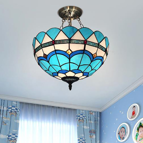 Blue/Sky Blue Glass Bowl Chandelier Light with Scalloped Edge Baroque Style 12"/16"/19.5"/23.5" W Hanging Light in Brass Clearhalo 'Ceiling Lights' 'Close To Ceiling Lights' 'Close to ceiling' 'Glass shade' 'Glass' 'Semi-flushmount' 'Tiffany close to ceiling' 'Tiffany' Lighting' 37587