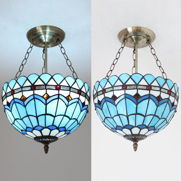 Blue/Sky Blue Glass Bowl Chandelier Light with Scalloped Edge Baroque Style 12"/16"/19.5"/23.5" W Hanging Light in Brass Clearhalo 'Ceiling Lights' 'Close To Ceiling Lights' 'Close to ceiling' 'Glass shade' 'Glass' 'Semi-flushmount' 'Tiffany close to ceiling' 'Tiffany' Lighting' 37589