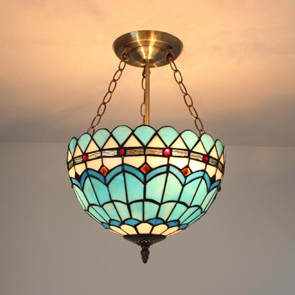 Blue/Sky Blue Glass Bowl Chandelier Light with Scalloped Edge Baroque Style 12"/16"/19.5"/23.5" W Hanging Light in Brass Blue 12" Clearhalo 'Ceiling Lights' 'Close To Ceiling Lights' 'Close to ceiling' 'Glass shade' 'Glass' 'Semi-flushmount' 'Tiffany close to ceiling' 'Tiffany' Lighting' 37590