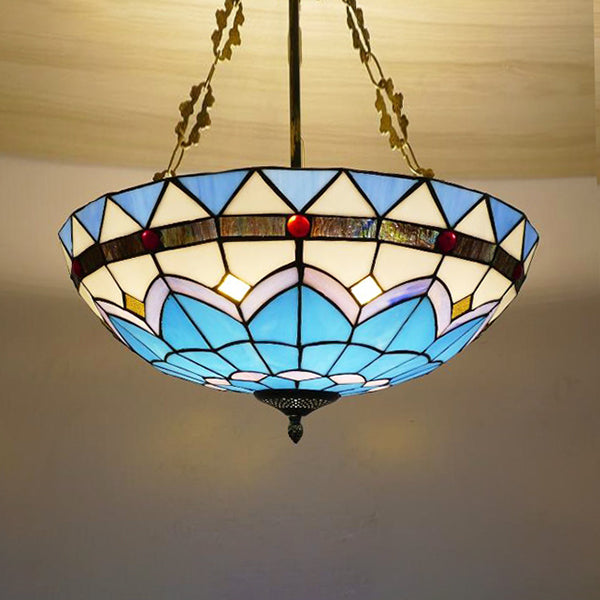 Blue/Sky Blue Glass Bowl Chandelier Light with Scalloped Edge Baroque Style 12"/16"/19.5"/23.5" W Hanging Light in Brass Clearhalo 'Ceiling Lights' 'Close To Ceiling Lights' 'Close to ceiling' 'Glass shade' 'Glass' 'Semi-flushmount' 'Tiffany close to ceiling' 'Tiffany' Lighting' 37593