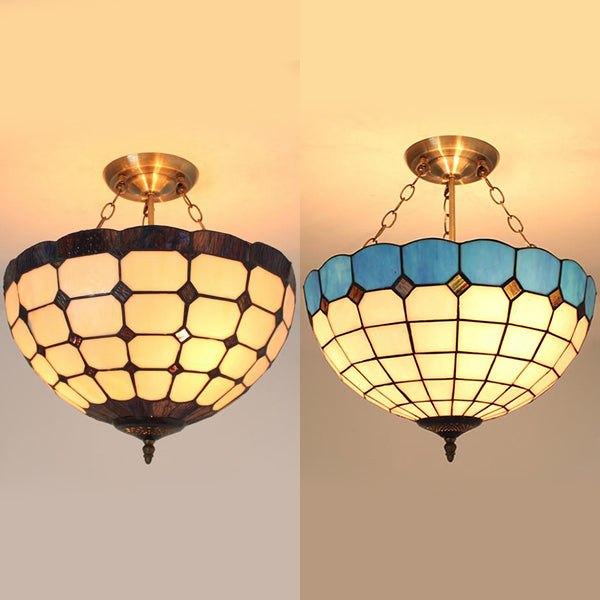 Semi Globe Hanging Chandelier with Hanging Rod Stained Glass Foyer Pendant Light in Blue/Brown Clearhalo 'Ceiling Lights' 'Chandeliers' 'Close To Ceiling Lights' 'Close to ceiling' 'Glass shade' 'Glass' 'Semi-flushmount' 'Tiffany close to ceiling' 'Tiffany' Lighting' 37610