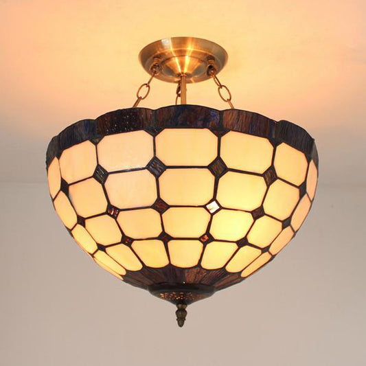 Semi Globe Hanging Chandelier with Hanging Rod Stained Glass Foyer Pendant Light in Blue/Brown Brown Clearhalo 'Ceiling Lights' 'Chandeliers' 'Close To Ceiling Lights' 'Close to ceiling' 'Glass shade' 'Glass' 'Semi-flushmount' 'Tiffany close to ceiling' 'Tiffany' Lighting' 37611