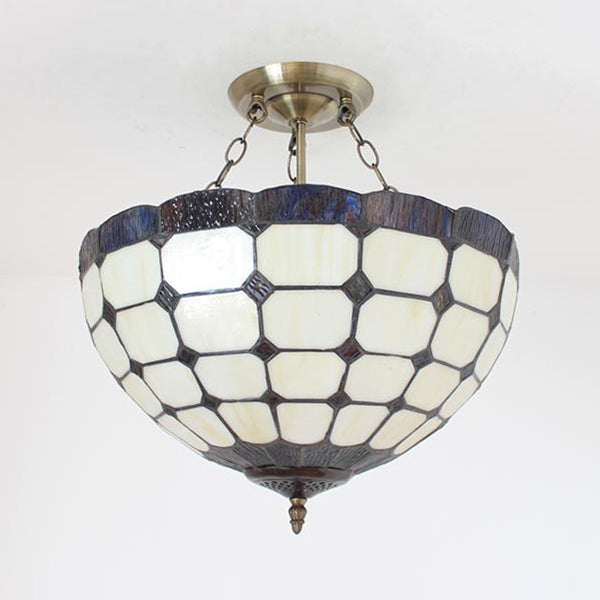 Semi Globe Hanging Chandelier with Hanging Rod Stained Glass Foyer Pendant Light in Blue/Brown Clearhalo 'Ceiling Lights' 'Chandeliers' 'Close To Ceiling Lights' 'Close to ceiling' 'Glass shade' 'Glass' 'Semi-flushmount' 'Tiffany close to ceiling' 'Tiffany' Lighting' 37612