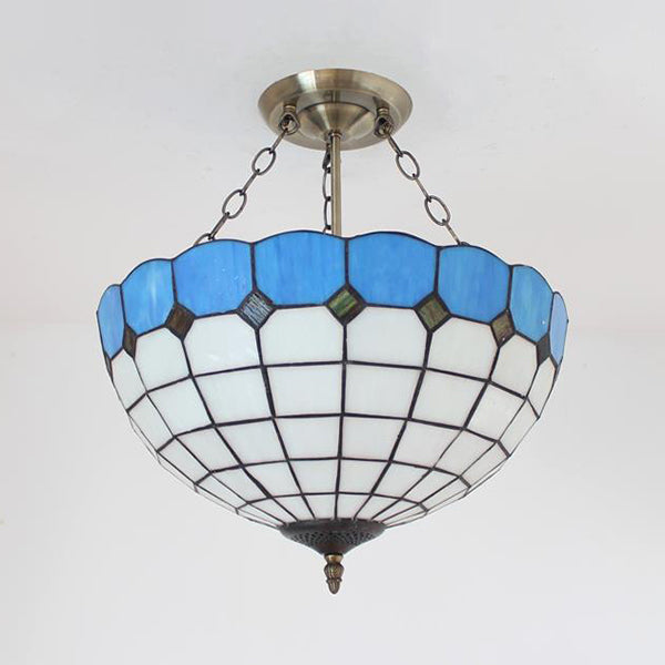 Semi Globe Hanging Chandelier with Hanging Rod Stained Glass Foyer Pendant Light in Blue/Brown Clearhalo 'Ceiling Lights' 'Chandeliers' 'Close To Ceiling Lights' 'Close to ceiling' 'Glass shade' 'Glass' 'Semi-flushmount' 'Tiffany close to ceiling' 'Tiffany' Lighting' 37615