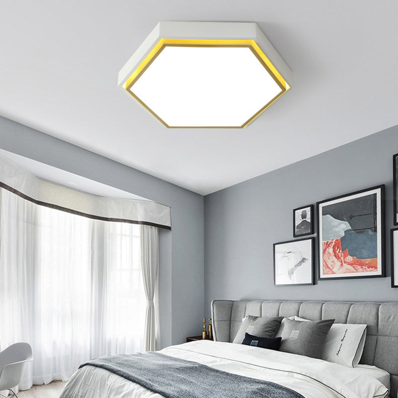 Nordic Hexagon Flushmount Metal Led Black/Green/Grey/White Close to Ceiling Light with Frosted Acrylic Shade, 16"/19.5" Wide White Clearhalo 'Ceiling Lights' 'Close To Ceiling Lights' 'Close to ceiling' 'Flush mount' Lighting' 376967
