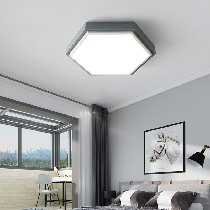 Nordic Hexagon Flushmount Metal Led Black/Green/Grey/White Close to Ceiling Light with Frosted Acrylic Shade, 16"/19.5" Wide Grey Clearhalo 'Ceiling Lights' 'Close To Ceiling Lights' 'Close to ceiling' 'Flush mount' Lighting' 376974