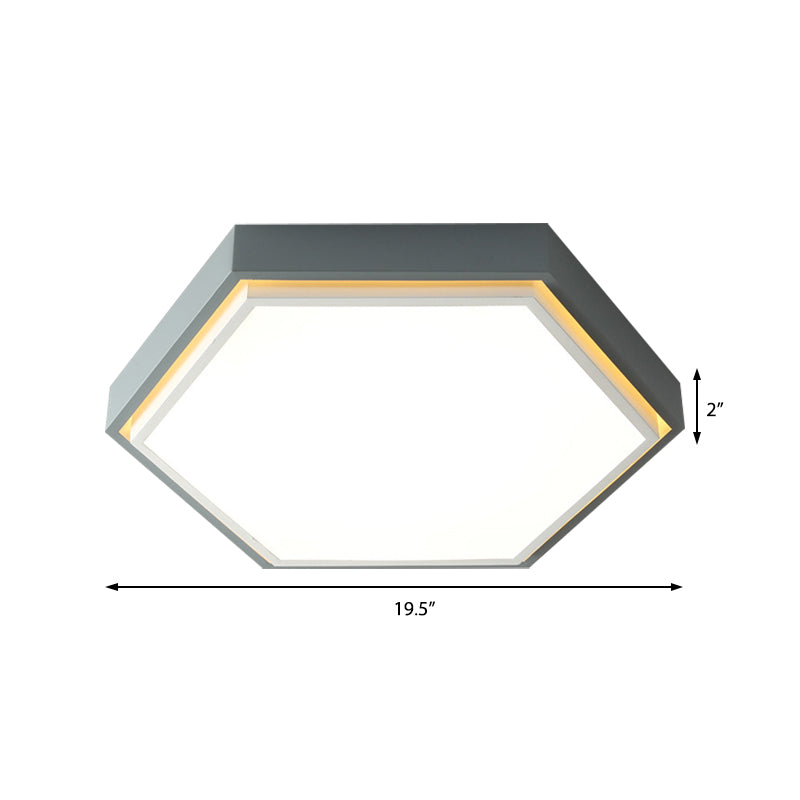 Nordic Hexagon Flushmount Metal Led Black/Green/Grey/White Close to Ceiling Light with Frosted Acrylic Shade, 16"/19.5" Wide