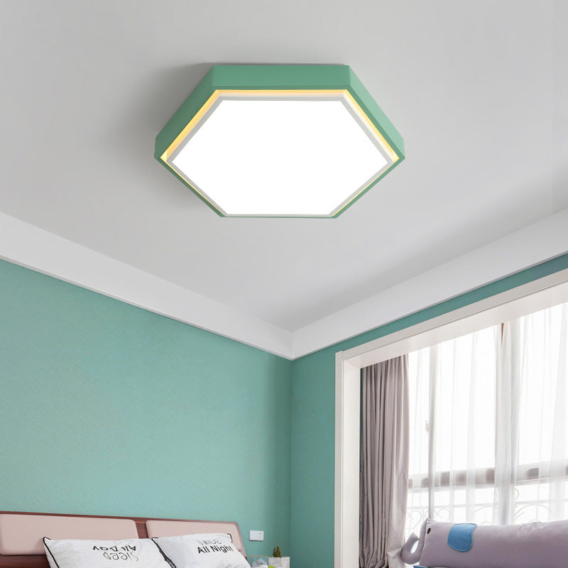 Nordic Hexagon Flushmount Metal Led Black/Green/Grey/White Close to Ceiling Light with Frosted Acrylic Shade, 16"/19.5" Wide Green Clearhalo 'Ceiling Lights' 'Close To Ceiling Lights' 'Close to ceiling' 'Flush mount' Lighting' 376981