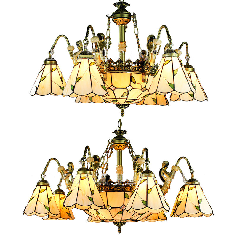 Beige 9/11 Lights Pendant Chandelier Tiffany Cut Glass Conical Hanging Light with Mermaid Deco Clearhalo 'Ceiling Lights' 'Chandeliers' 'Industrial' 'Island Lights' 'Middle Century Chandeliers' 'Tiffany Chandeliers' 'Tiffany close to ceiling' 'Tiffany' Lighting' 37724