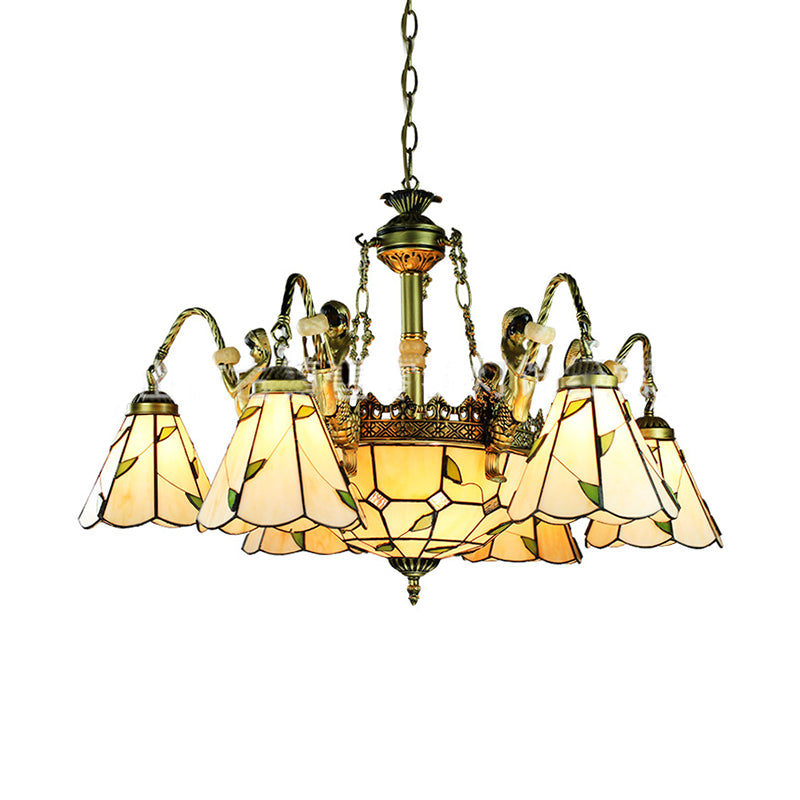 Beige 9/11 Lights Pendant Chandelier Tiffany Cut Glass Conical Hanging Light with Mermaid Deco 9 Beige Clearhalo 'Ceiling Lights' 'Chandeliers' 'Industrial' 'Island Lights' 'Middle Century Chandeliers' 'Tiffany Chandeliers' 'Tiffany close to ceiling' 'Tiffany' Lighting' 37725