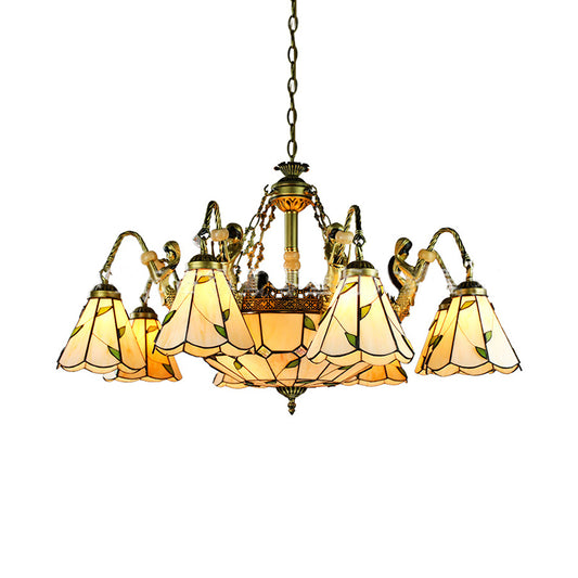Beige 9/11 Lights Pendant Chandelier Tiffany Cut Glass Conical Hanging Light with Mermaid Deco 11 Beige Clearhalo 'Ceiling Lights' 'Chandeliers' 'Industrial' 'Island Lights' 'Middle Century Chandeliers' 'Tiffany Chandeliers' 'Tiffany close to ceiling' 'Tiffany' Lighting' 37727