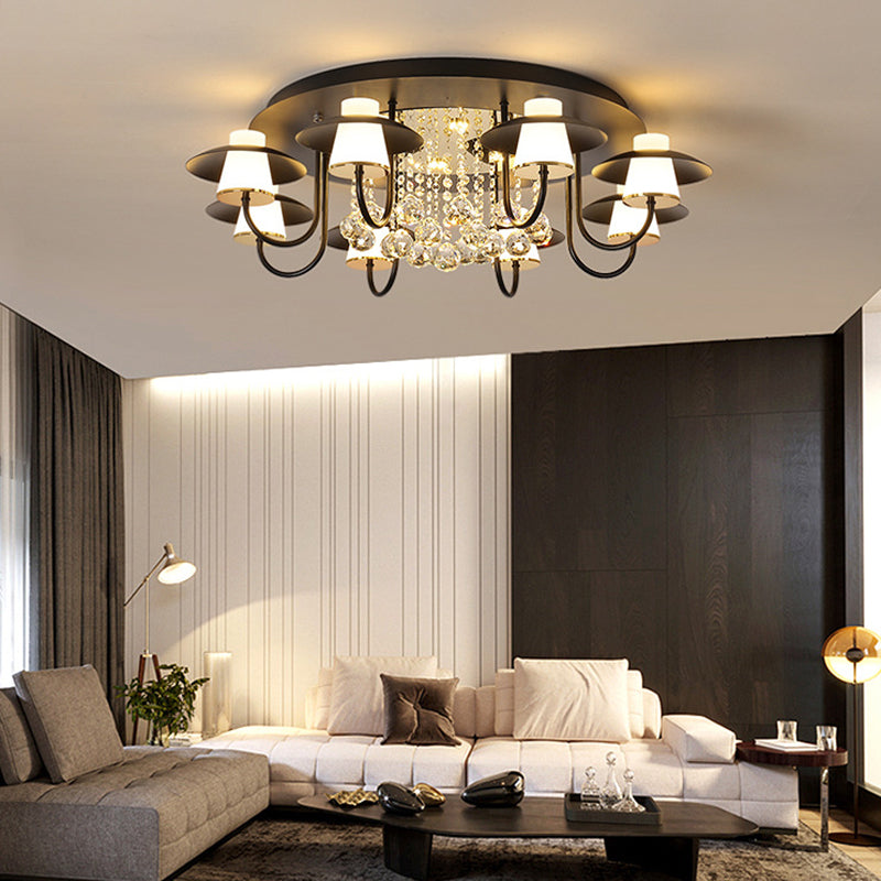 Metallic Circular Semi Flushmount Light 8 Lights Luxurious Black/White Ceiling Light with Crystal Ball for Dining Table Black 31.5" Clearhalo 'Ceiling Lights' 'Close To Ceiling Lights' 'Close to ceiling' 'Semi-flushmount' Lighting' 377302