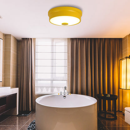 Macaron Drum Ceiling Flush Light Metal Led Kids Room Flushmount Lighting in Black/Green/Pink/Yellow with Frosted Glass Diffuser Yellow A Clearhalo 'Ceiling Lights' 'Close To Ceiling Lights' 'Close to ceiling' 'Flush mount' Lighting' 377821