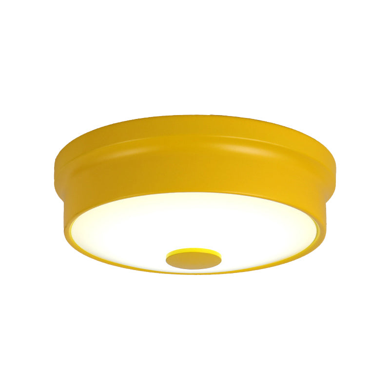 Macaron Drum Ceiling Flush Light Metal Led Kids Room Flushmount Lighting in Black/Green/Pink/Yellow with Frosted Glass Diffuser Clearhalo 'Ceiling Lights' 'Close To Ceiling Lights' 'Close to ceiling' 'Flush mount' Lighting' 377823