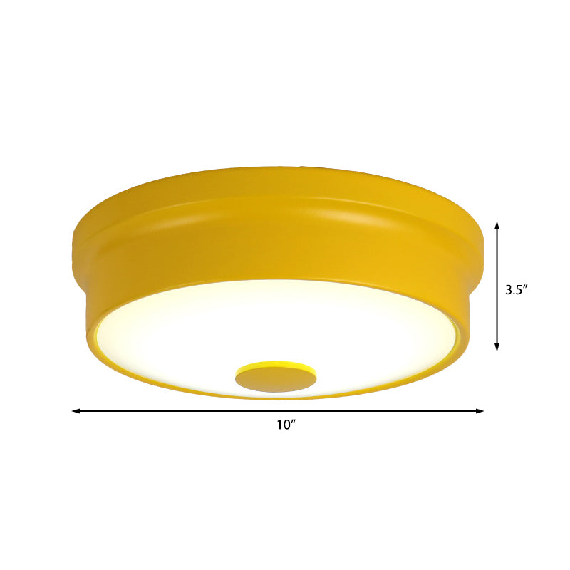 Macaron Drum Ceiling Flush Light Metal Led Kids Room Flushmount Lighting in Black/Green/Pink/Yellow with Frosted Glass Diffuser Clearhalo 'Ceiling Lights' 'Close To Ceiling Lights' 'Close to ceiling' 'Flush mount' Lighting' 377824