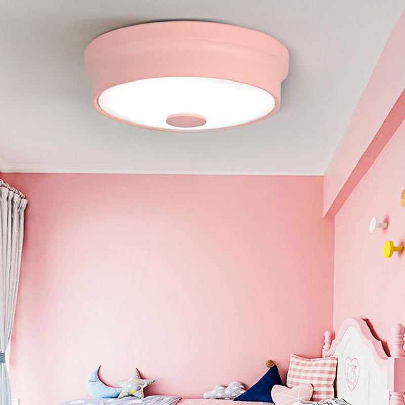 Macaron Drum Ceiling Flush Light Metal Led Kids Room Flushmount Lighting in Black/Green/Pink/Yellow with Frosted Glass Diffuser Pink A Clearhalo 'Ceiling Lights' 'Close To Ceiling Lights' 'Close to ceiling' 'Flush mount' Lighting' 377825