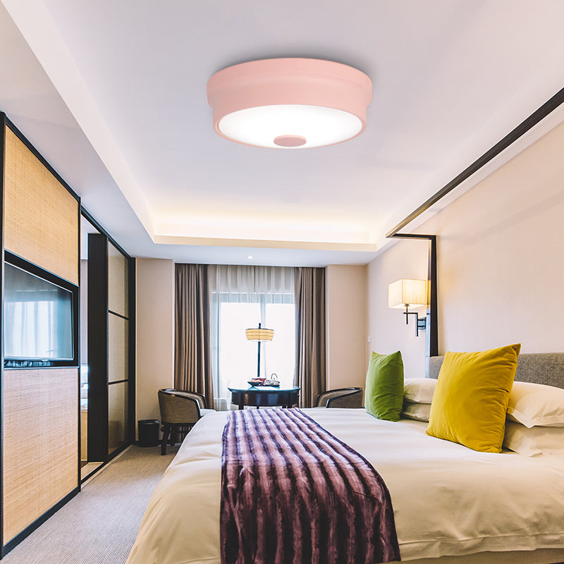 Macaron Drum Ceiling Flush Light Metal Led Kids Room Flushmount Lighting in Black/Green/Pink/Yellow with Frosted Glass Diffuser Clearhalo 'Ceiling Lights' 'Close To Ceiling Lights' 'Close to ceiling' 'Flush mount' Lighting' 377826