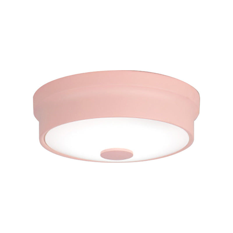 Macaron Drum Ceiling Flush Light Metal Led Kids Room Flushmount Lighting in Black/Green/Pink/Yellow with Frosted Glass Diffuser Clearhalo 'Ceiling Lights' 'Close To Ceiling Lights' 'Close to ceiling' 'Flush mount' Lighting' 377827